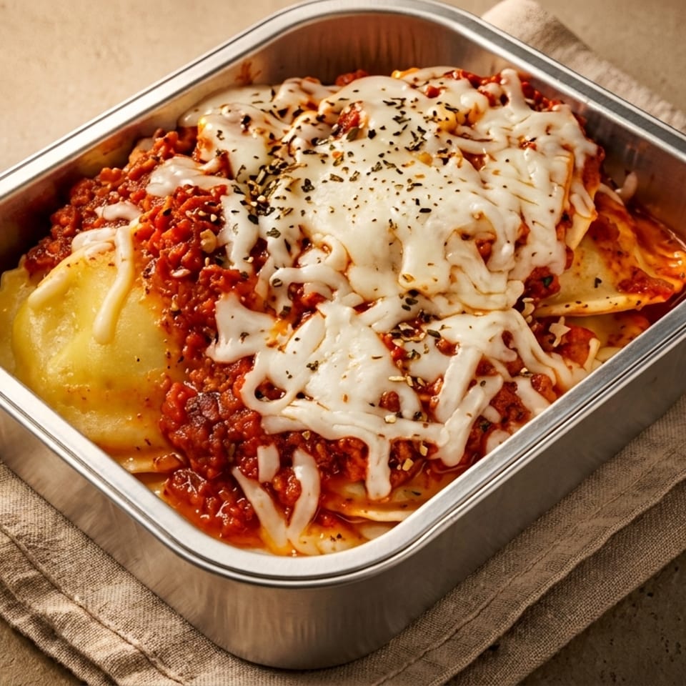 Baked ravioli with red sauce and melted cheese in a metal takeout container on a linen napkin.