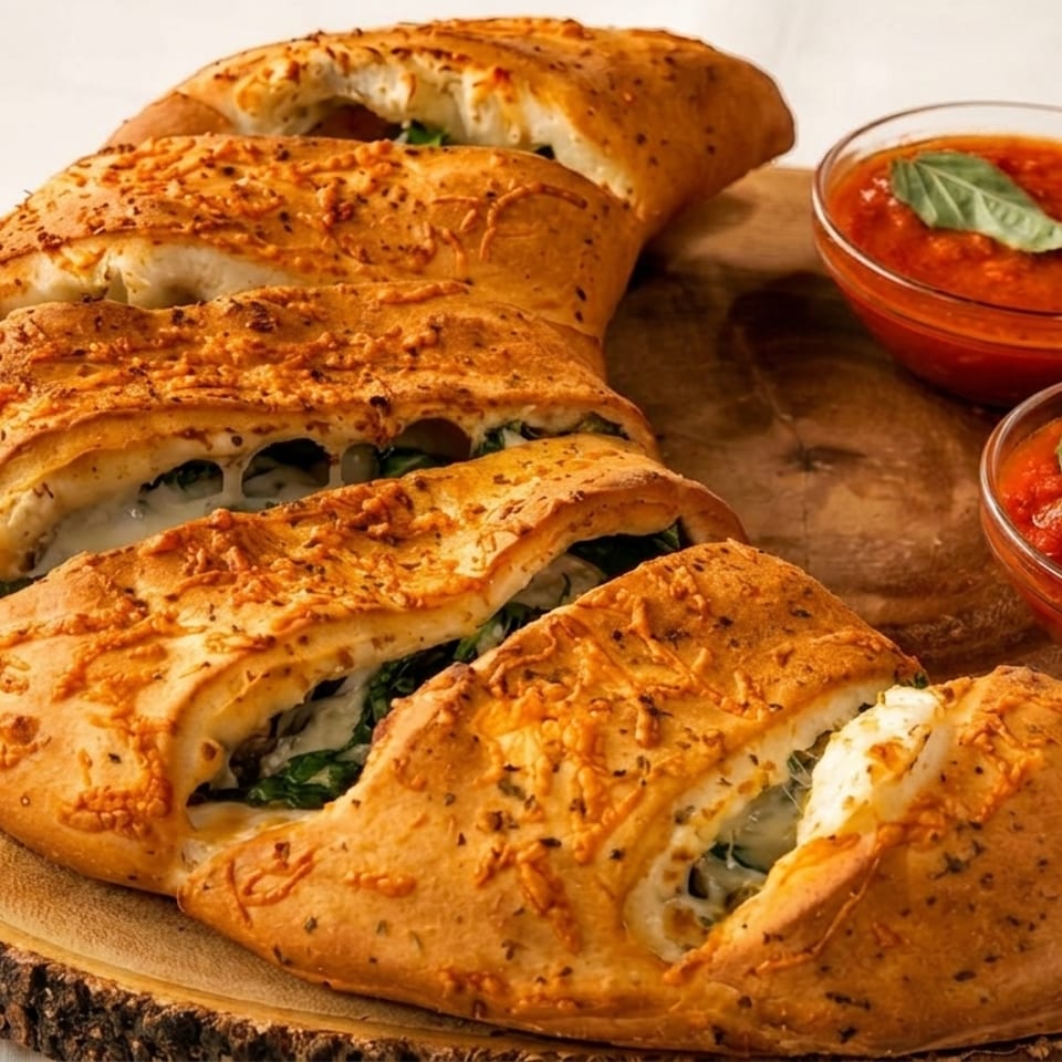 Golden-brown stromboli with spinach and cheese filling, served with two bowls of marinara sauce.