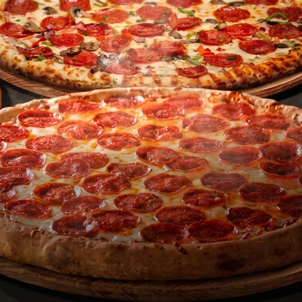 Four different pizzas, including pepperoni, supreme, and cheese, on wooden boards.