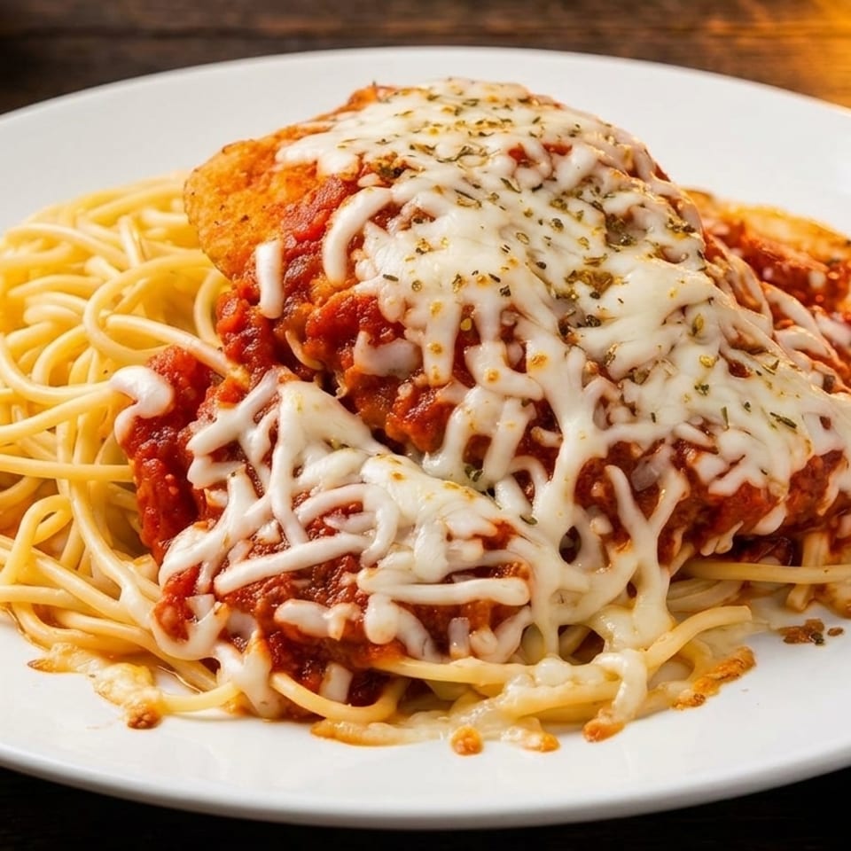 Chicken parmesan with melted mozzarella cheese and red sauce, served over spaghetti on a white plate.