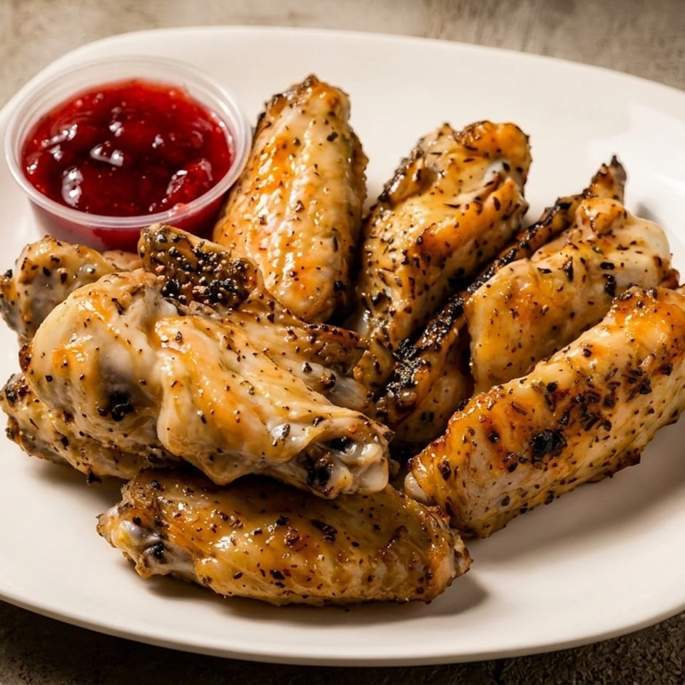 A white plate of golden-brown chicken wings seasoned with herbs, served with a side of red dipping sauce.