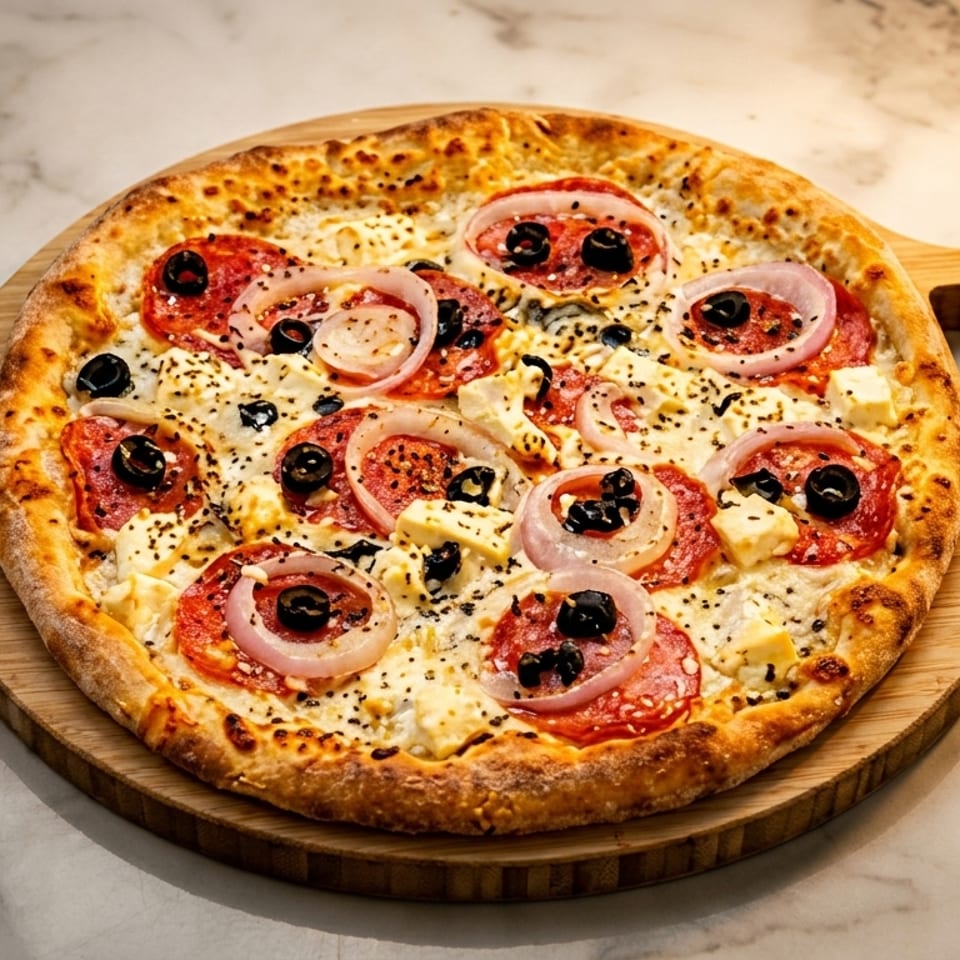 A freshly baked pizza with pepperoni, black olives, red onions, and feta cheese on a wooden board.