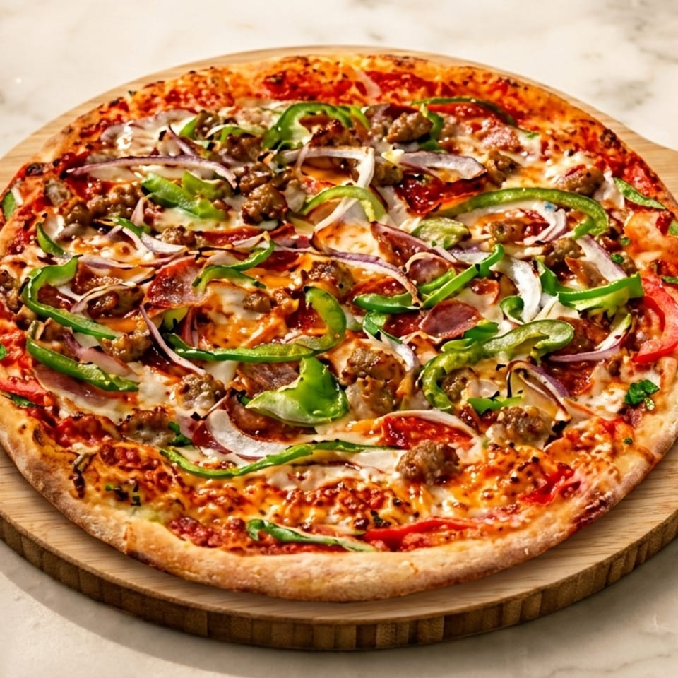 A fully loaded pizza with sausage, pepperoni, green peppers, and red onions on a wooden board.