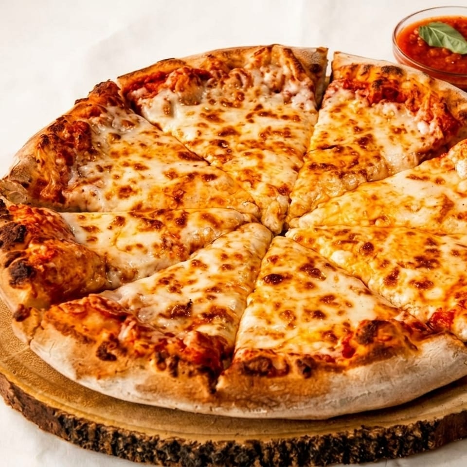 A sliced cheese pizza on a wooden board with a side of marinara sauce.