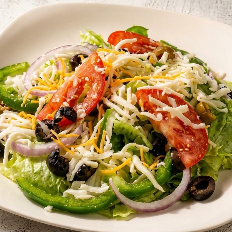 Fresh garden salad with lettuce, tomatoes, olives, onions, green peppers, and shredded cheese.