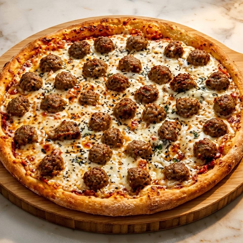 Meatball pizza on a wooden serving board, with melted cheese and herbs on a marble counter.