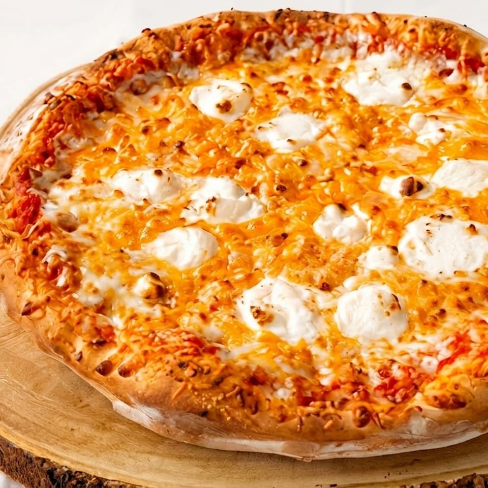 A whole cheese pizza with dollops of ricotta and melted mozzarella on a wooden serving board.